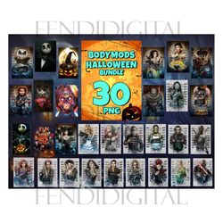 30 files bodymods halloween png bundle, halloween png, painting halloween, harley quinn, marilyn monroe, chucky png, fre