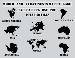 world and 7 continents map svg, png, dxf, pdf, eps, clipart, t-shirt design, cup design, digital download