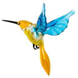 blown glass hummingbird figurine - blue yellow flying bird sculpture - glass art ornament - gift idea for home decor