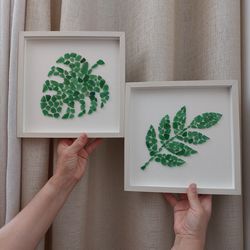 monstera leaf sea glass palm leaf seaglass wall art beach glass art sea glass decor set tropical leaf art