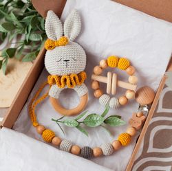 newborn baby girl gift box: bunny rattle toy, teething ring, pacifier clip holder - gift for hiece \ granddaughter