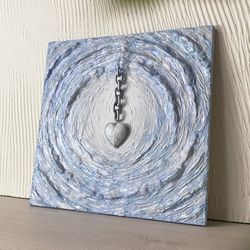 blue and silver abstract acrylic painting, mixed media art with heart medallion