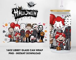 horror halloween glass can design wrap, chibi killer movie 16oz glass wraps, horror character libbey glass wrap, digital