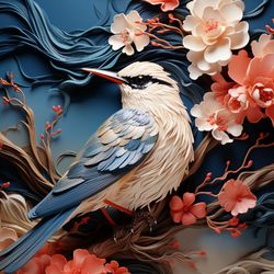 serene song: a bird amidst floral blossoms in multilayered hues