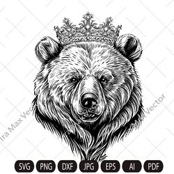 bear head svg, bear king,royal bear, bear clipart, bear face svg, bear, grizzly bear vector illustration , rustic and vi