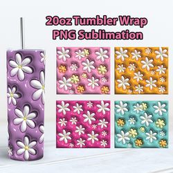 5 designs 3d inflated tumbler wrap png, 3d tumbler design sublimation, 3d puffy daisies tumbler wrap, digital download