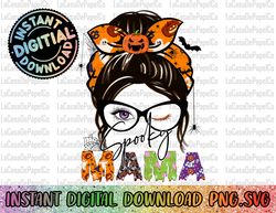 spooky mama png, halloween png, messy bun png,  women glasses png, horror png, pumpkin png, witch, spider, spooky mom, h