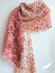 crochet shawl scarf for women, knitted openwork shawl, laced shawl scarf beige and pink, gift for mom, women, granny