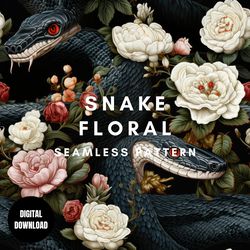 mystical snake floral seamless pattern jpg, aesthetic gothic floral repeating pattern, surface pattern, patterns for fab