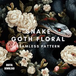 snake floral goth seamless pattern jpg, aesthetic gothic flowers repeating pattern, surface pattern, patterns for fabric