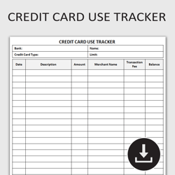 printable credit card usage tracker, expense monitoring log, budget control journal, finance planning