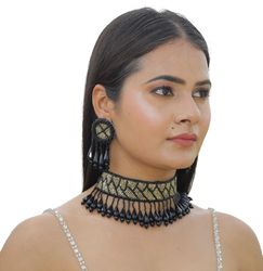 fabric, mother of pearl, glass multicolor, black, golden jewelry set  (pack of 1)