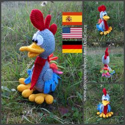 crochet pattern rooster don pedro, amigurumi pattern, animals crochet toys, easter decor, german, english, spanish