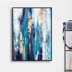 blue gold leaf printed abstract canvas art - canvas wall art, canvas print, abstract art, wall art, ready to hang canvas