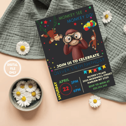 personalized file curious george birthday invitation | curious george party invite printable birthday invite png only