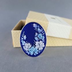 ribbon embroidered blue brooch, 4th wedding anniversary gift, custom embroidery bouquet