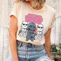 star wars vader stormtroopers cute cartoon graphic t-shirt, stormtrooper shirt, boba fett shirt, boba fett helmet shirt,