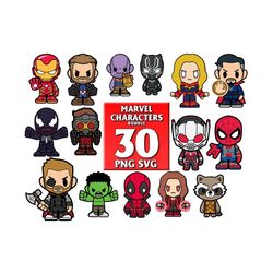 30 files marvel characters svg bundle, bundle iron man, spider man svg, ant man svg, deadpool svg, thor svg, dr strange