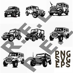 jeep 4x4 instant downloads in black & white 8-svg, 8-png,8-eps digital download for t-shirts and more