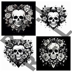 skull and heart instant downloads in black & white 4-svg, 4-png, digital download for t-shirts and more