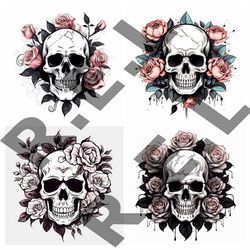 skull and flowers instant downloads in black & white 4-svg, 4-png, digital download for t-shirts and more