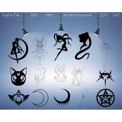 sailor moon svg file set, sailor moon stickers, solar system luna, anime, tankbon nakayoshi, artemis tokyopop princess,