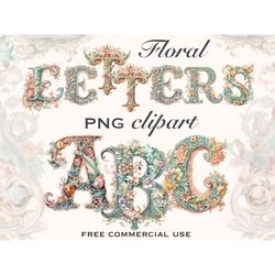 Boho floral alphabet clipart, Boho aesthetic letters png bundlle, Printable flower style font, Free commercial use