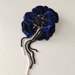 flower brooch, velvet brooch for women,  beaded brooch, girlfriend gift , blue flower jewelry