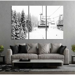 snow covered spruce trees,  ski lift wall art, mountain art print, ski lift canvas, skier gift, mountains, black white