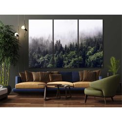 foggy pine forest canvas wall art, nature wall art, misty green forest print, modern home decor ready to hang  ready to