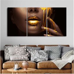 african american woman with gold lips black gold  african wall art luxury golden liquid drops  fashion african woman can