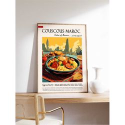 couscous maroc moroccan food poster, moroccan food print, african food art, middle eastern food poster, exotic food art,