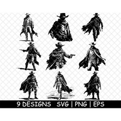 western cowboy gunslinger outlaw wanted bandit duel png,svg,eps,cricut,silhouette,cut,engrave,stencil,sticker,decal,vect