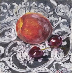 peach still life art, fruit still life original oil painting, fine art