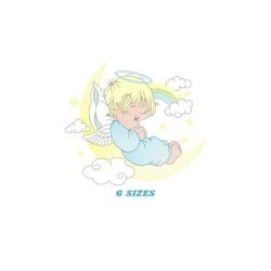 angel embroidery designs - boy in moon embroidery design machine embroidery pattern - angel wings halo embroidery file -