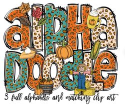 fall doodle letters with clip art, hand drawn doodle alpha bundle, leopard leaves pumpkin spice latte sublimation font,