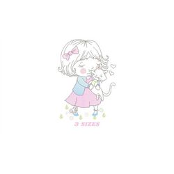 Girl with cat embroidery design - Baby girl embroidery design machine embroidery pattern - kid embroidery file - instant