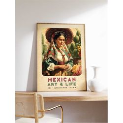 traditional mexican female exhibition poster, mexican art print, vintage floral wall art, psychedelic poster, latin amer