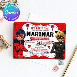 miraculous ladybug invitation, miraculous ladybug birhtday invitation, ladybug invitation, ladybug birthday invitaiton