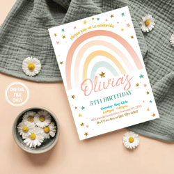 personalized file rainbow birthday invitation for girls, gold stars modern printable birthday invite png only