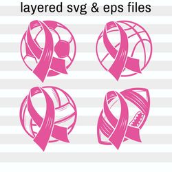 breast cancer svg bundle| pink football svg| soccer svg| pink volleyball with ribbon svg| basketball cancer awareness|