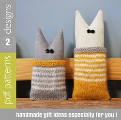 cats dolls sewing and knitted patterns pdf set of 2 tutorials in english, 2 cats in knitted bags (2 designs and 2 sizes)