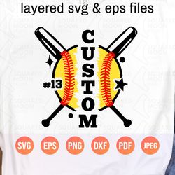 softball svg png| distressed softball template with player name (vertical) and number| softball mom gift for her girl|