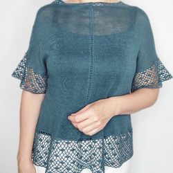 women's linen blouse, openwork top, women's hand knitted t shirt, elegant summer laced blouse, dark green color