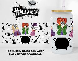 blue dog witches 16oz beer can glass wrap, halloween friend glass wrap digital design, cartoon halloween can glass wrap,