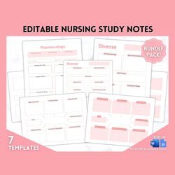 editable nurse student study guide, nursing notes bundle, concept map, disease template, pharmacology, pathophysiology,