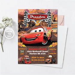 personalized file cars birthday invitation | lightning mcqueen invitation, kids birthday invite png file only