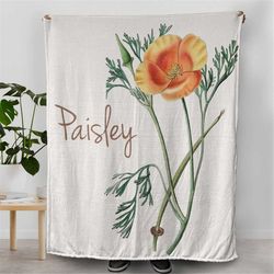 california poppy blanket, yellow floral soft blanket for her, fleece blankets, custom name decor for living room and bed