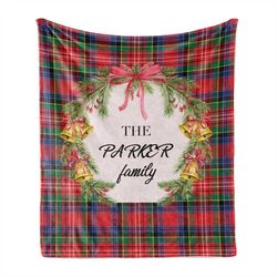 christmas tartan pattern blanket, personalized family last name decorations for holidays, green red and pink throw for c