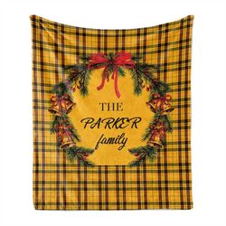 family last name christmas wreath print blanket, personalized name decor, yellow holiday decorations for living room bed